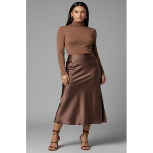 Skrtimory Brown Satin Womens Midi Skirt M Shiny Flowy Side Slit  Chocolate